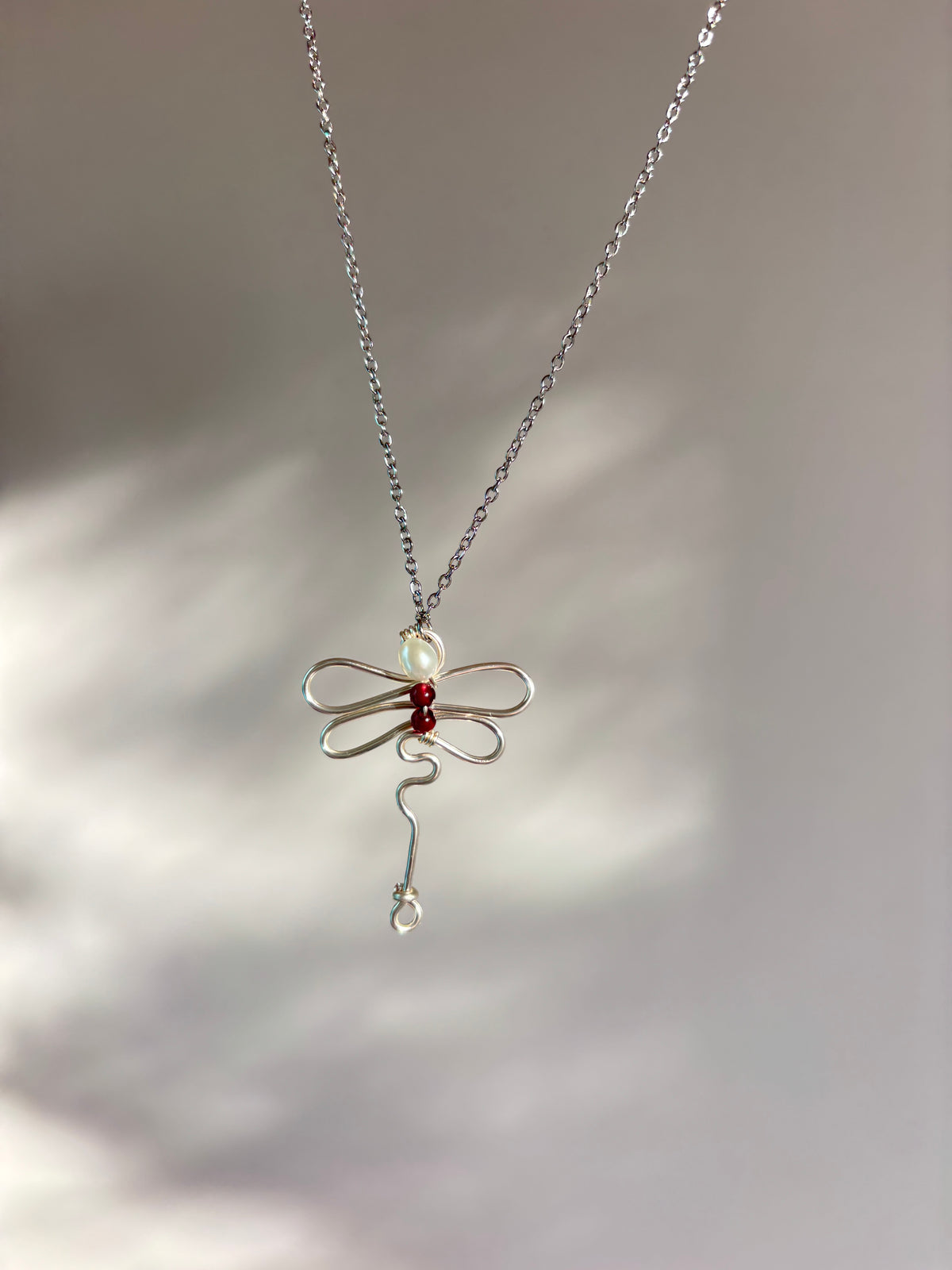 Dragonfly Garnet Pearl Necklace - handmade by Thread & Touch Jewellery, Auckland NZ, view 3