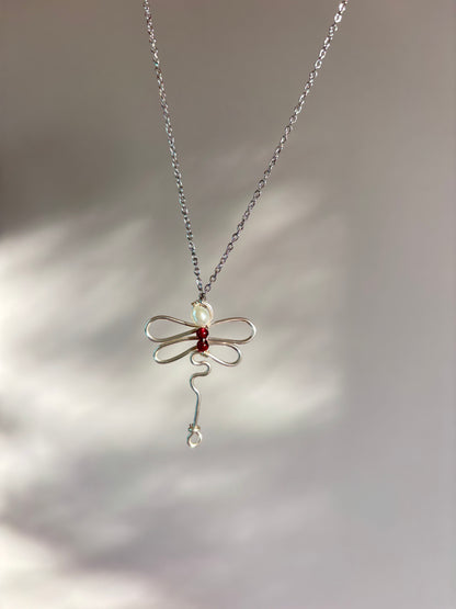 Dragonfly Garnet Pearl Necklace - handmade by Thread & Touch Jewellery, Auckland NZ, view 3