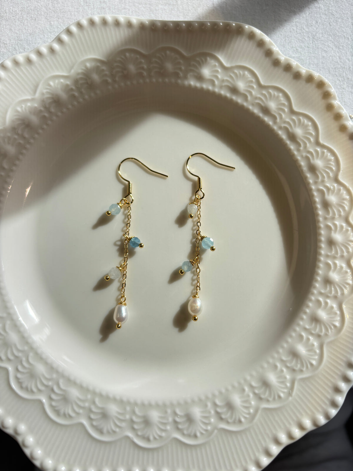 Wild Flower Fluorite Pearl Earrings - handmade by Thread & Touch Jewellery, Auckland NZ, view 2